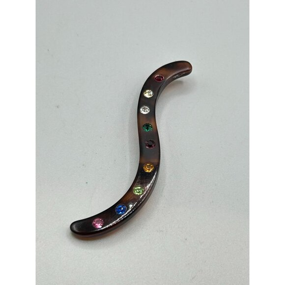Vintage Celluloid Squiggle Shaped Pin Brooch Rhinestones Brown Early Plastic Pin - Picture 4 of 7